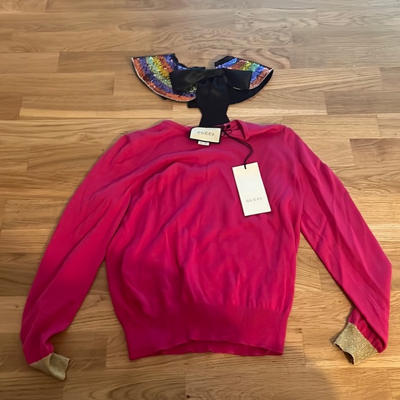 NWT Gucci fuchsia cashmere silk blend sweater with detachable sequin collar - Picture 3 of 11